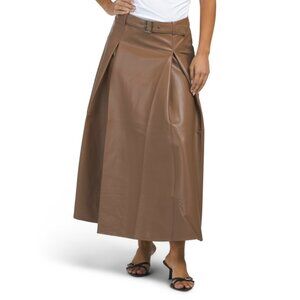 DRA Chocolate Faux Leather A-line Midi Skirt With Belt